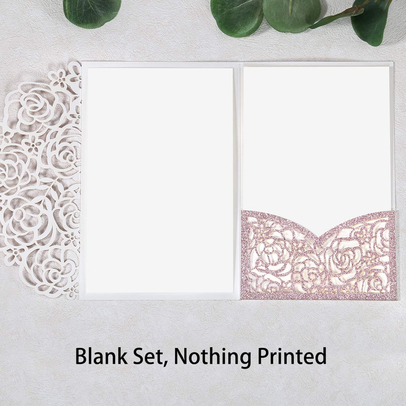 DreamBuilt 4.7 x7 inch 50PCS Blank Rose Gold Glitter Wedding Invitations Kit Laser Cut Hollow Rose Pocket Wedding Invitation Cards with Envelopes for Wedding Bridal Shower Engagement Invite - Image 2
